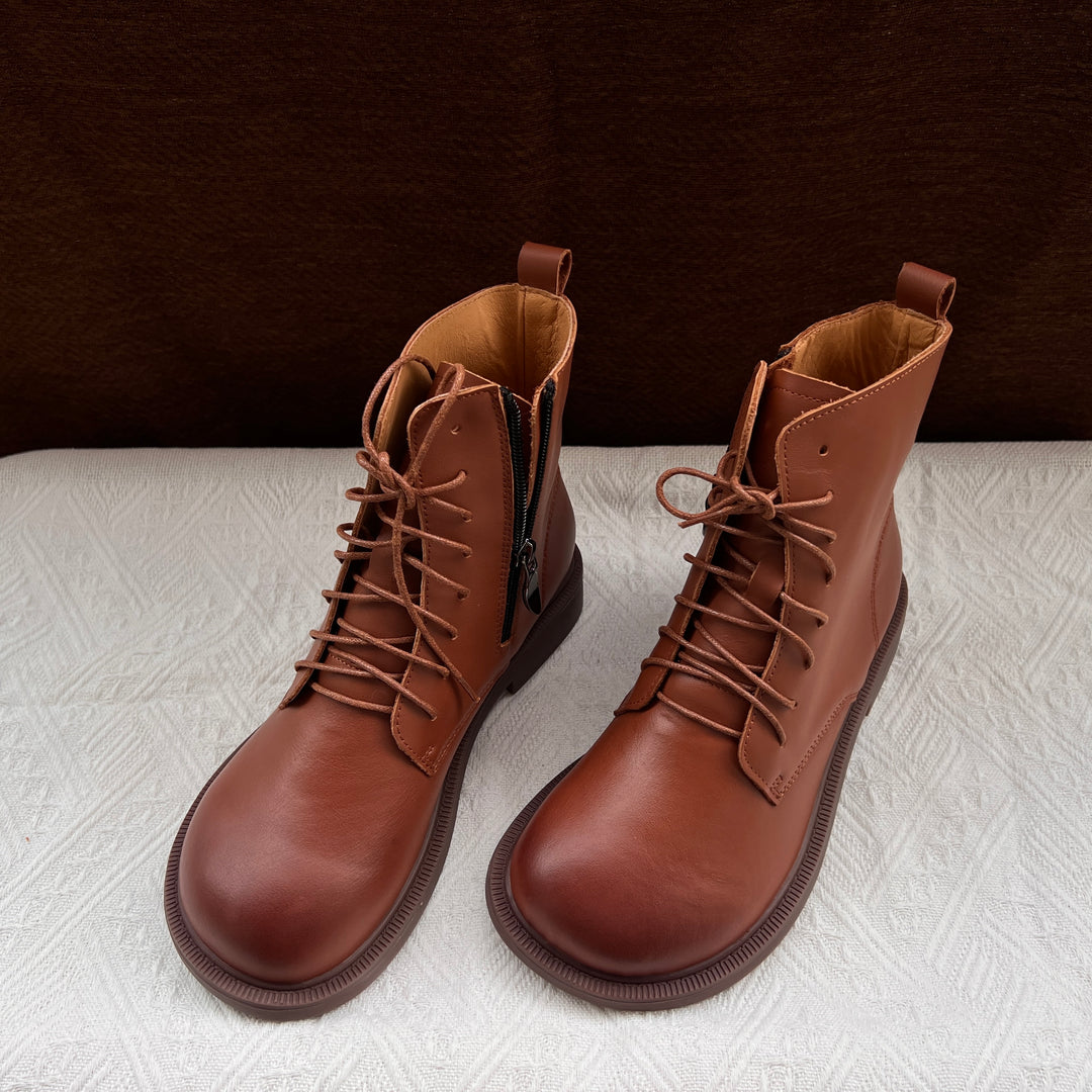 Women's Vintage Wide Toe Genuine Leather Ankle Boots – Handmade, Soft Sole, British Style