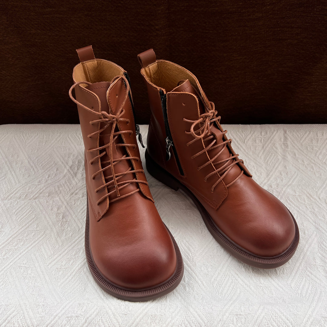 Women's Vintage Wide Toe Genuine Leather Ankle Boots – Handmade, Soft Sole, British Style