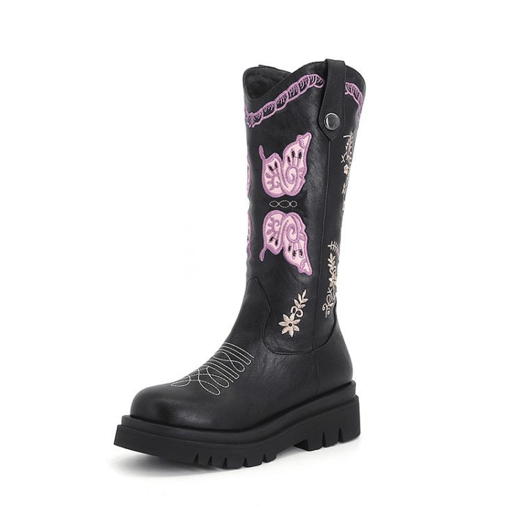 Women Boots Knee High Butterfly Embroidery Shoes