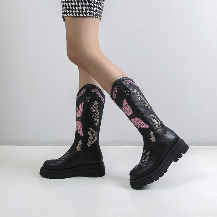 Women Boots Knee High Butterfly Embroidery Shoes