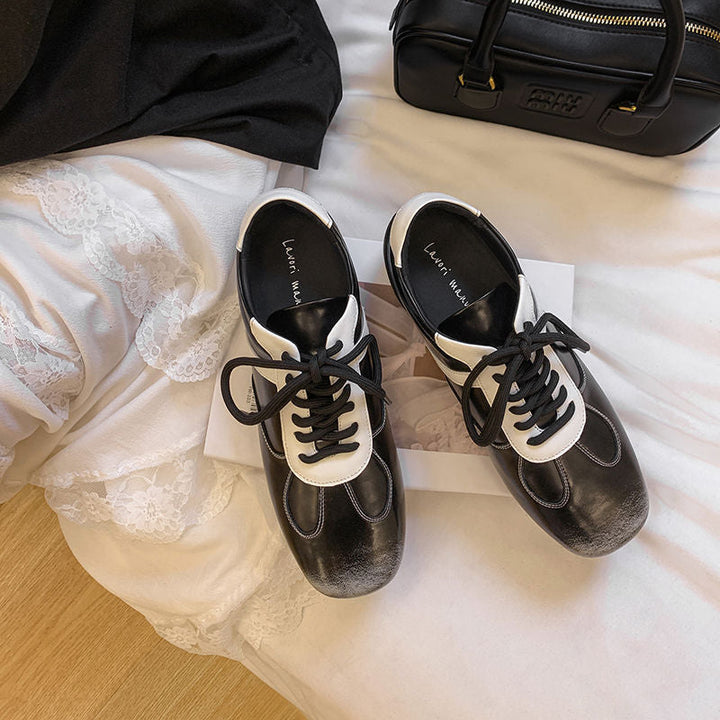 Women's Cowhide Sneakers Walking Hidden Heel Contrast Stripe Lace-up Derby
