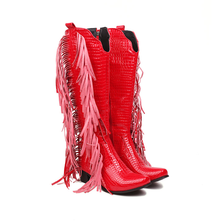 Womens Zipper Pattern Fringe Western Cowboy Boots