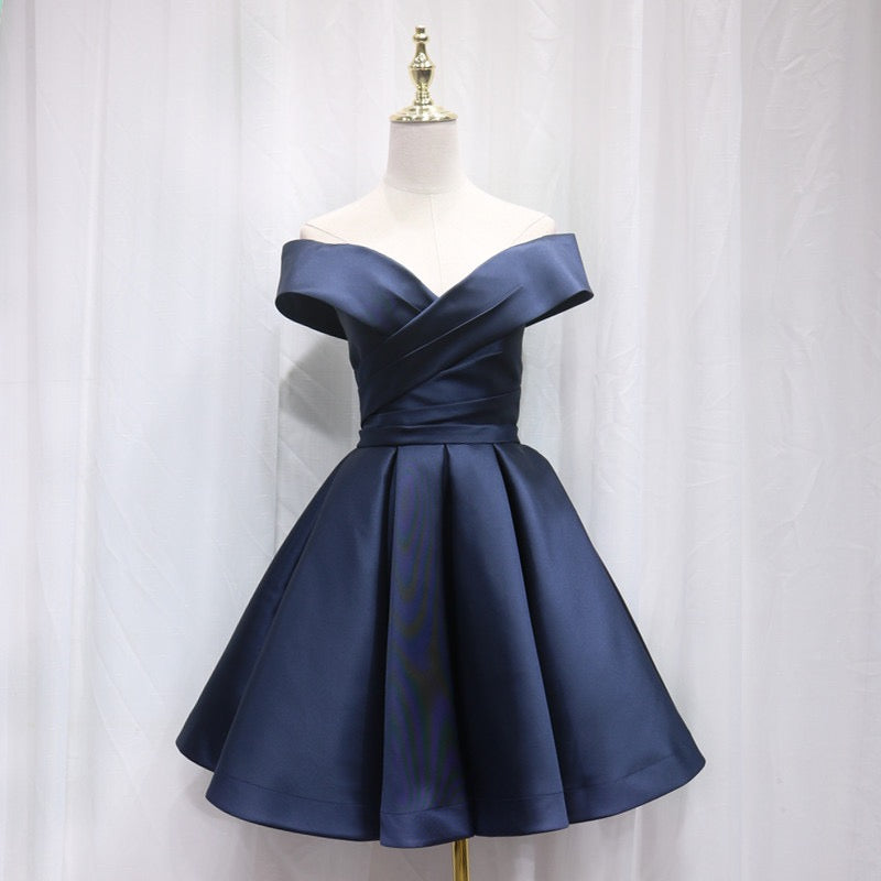 Navy Homecoming Dress Off Shoulder Satin Dark Blue Short Prom Dress