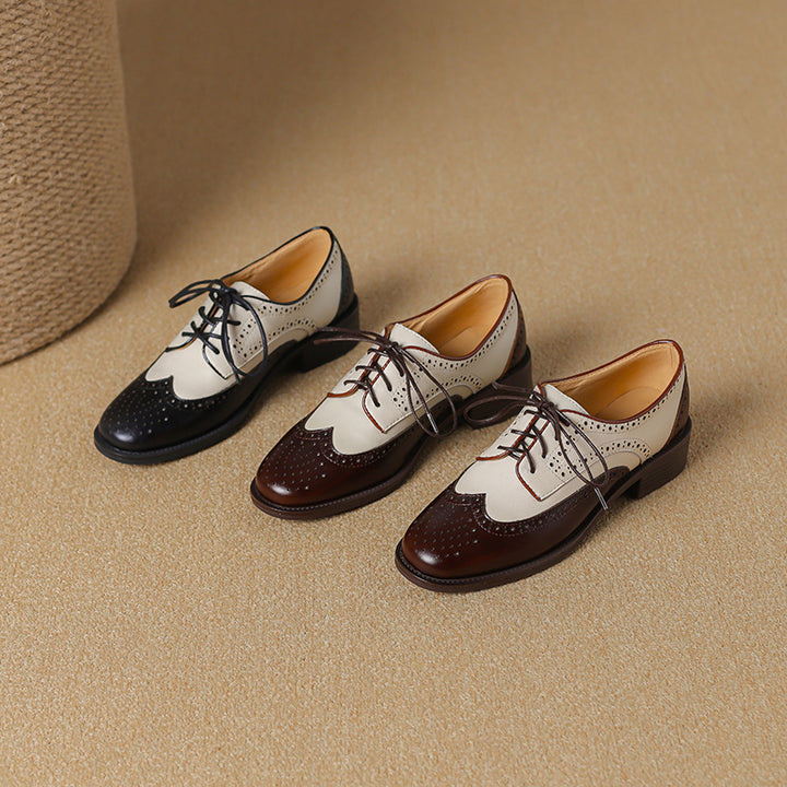 Retro Women's Color-Block Brogue Oxford Lace-Up Shoes – Elegant Design