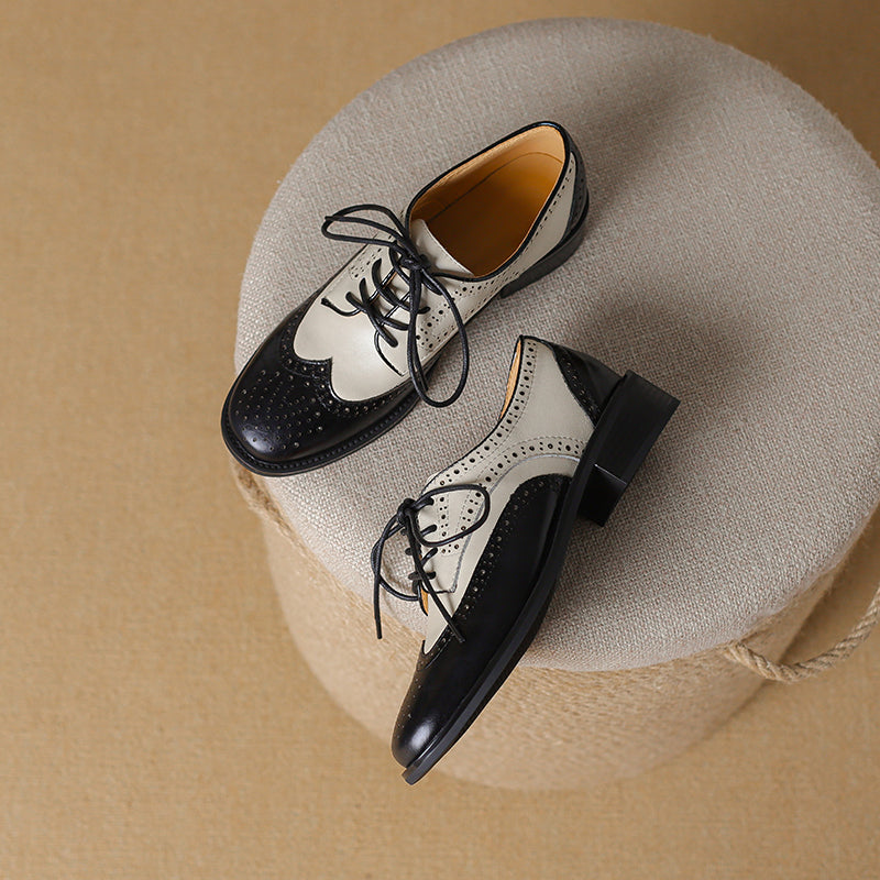 Retro Women's Color-Block Brogue Oxford Lace-Up Shoes – Elegant Design