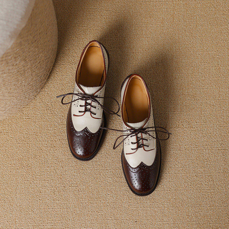 Retro Women's Color-Block Brogue Oxford Lace-Up Shoes – Elegant Design