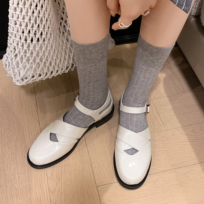 Women's Handmade Genuine Leather Buckle Hollow out Mary Jane Flats