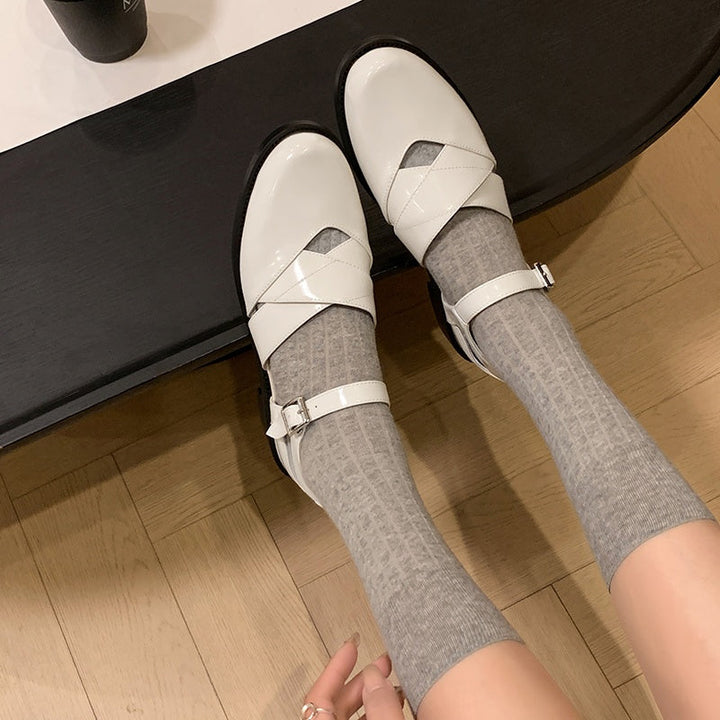 Women's Handmade Genuine Leather Buckle Hollow out Mary Jane Flats