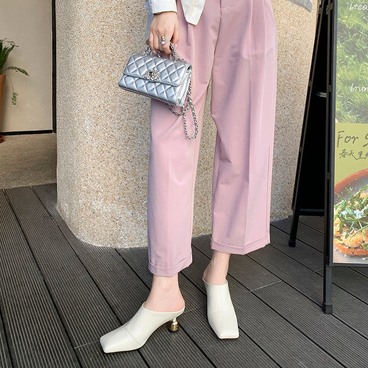 Women's Leather Sculptural Heel Mules Modern Square Toe Luxury Lambskin Heels