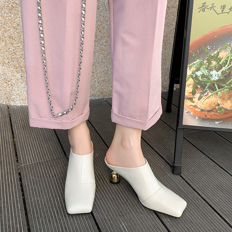 Women's Leather Sculptural Heel Mules Modern Square Toe Luxury Lambskin Heels