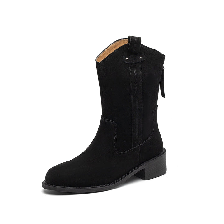 Women's Handmade Cow Suede Block Heel Low Western Boots