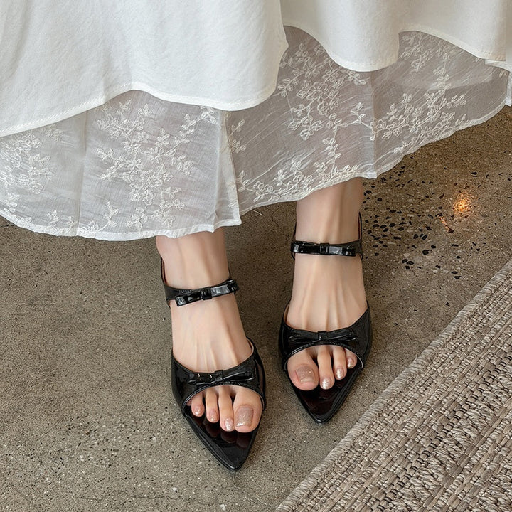 Women's Parisian Chic Lambskin Bow-Knot Mules - Pointed Toe Bow Sandals - Luxury Leather Summer Shoes