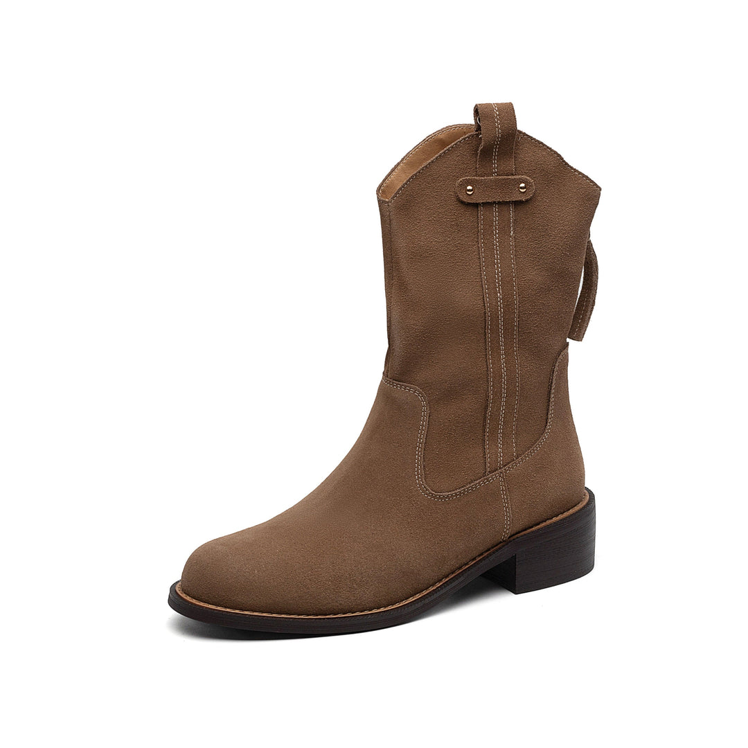 Women's Handmade Cow Suede Block Heel Low Western Boots