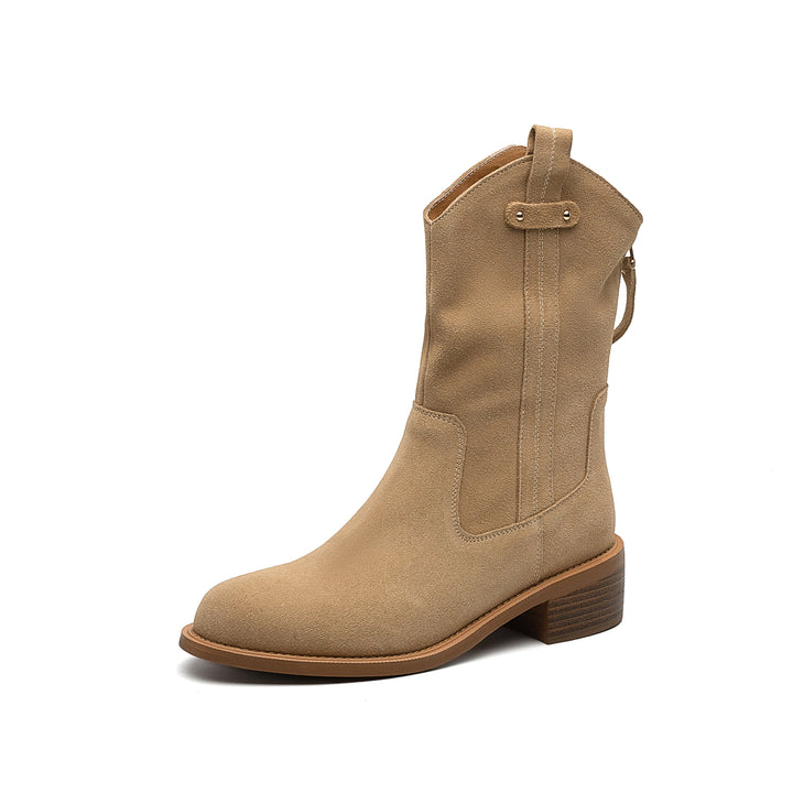 Women's Handmade Cow Suede Block Heel Low Western Boots