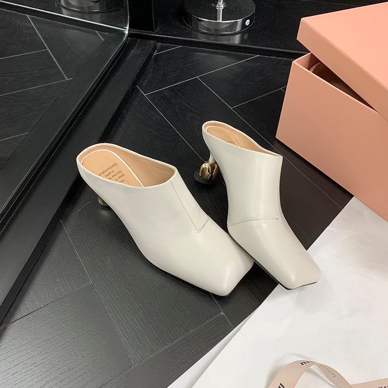 Women's Leather Sculptural Heel Mules Modern Square Toe Luxury Lambskin Heels
