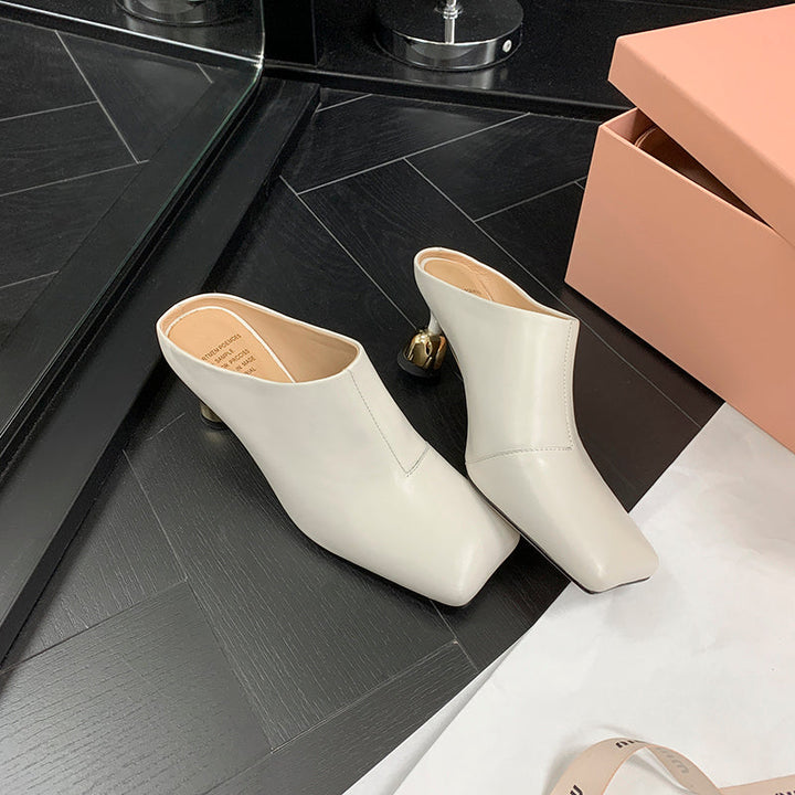 Women's Leather Sculptural Heel Mules Modern Square Toe Luxury Lambskin Heels