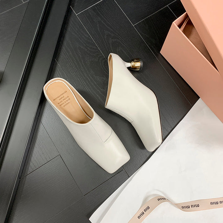 Women's Leather Sculptural Heel Mules Modern Square Toe Luxury Lambskin Heels