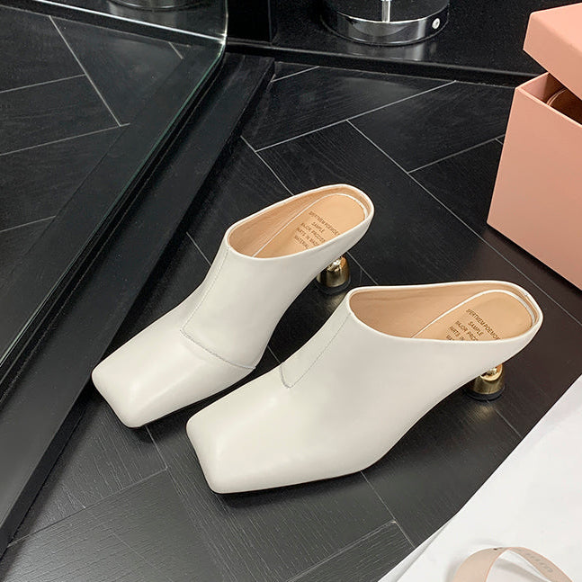 Women's Leather Sculptural Heel Mules Modern Square Toe Luxury Lambskin Heels