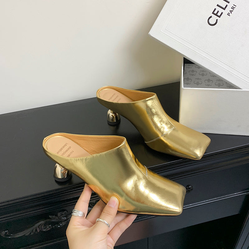 Women's Leather Sculptural Heel Mules Modern Square Toe Luxury Lambskin Heels