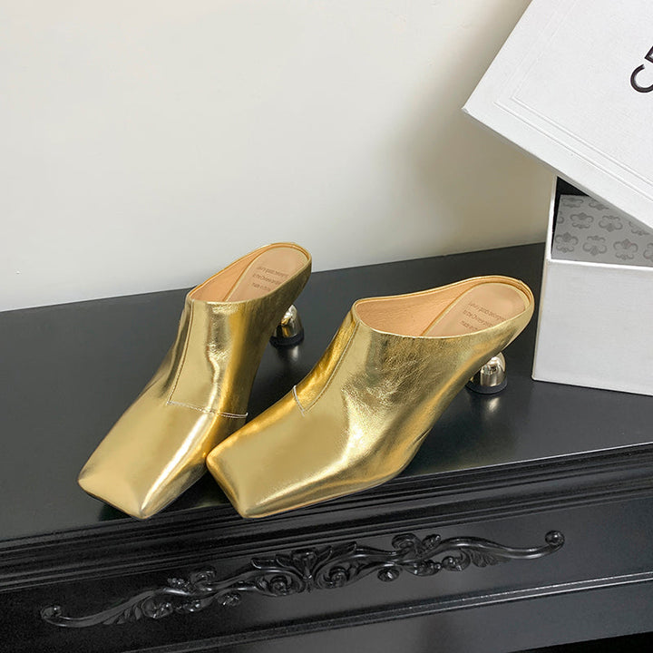 Women's Leather Sculptural Heel Mules Modern Square Toe Luxury Lambskin Heels