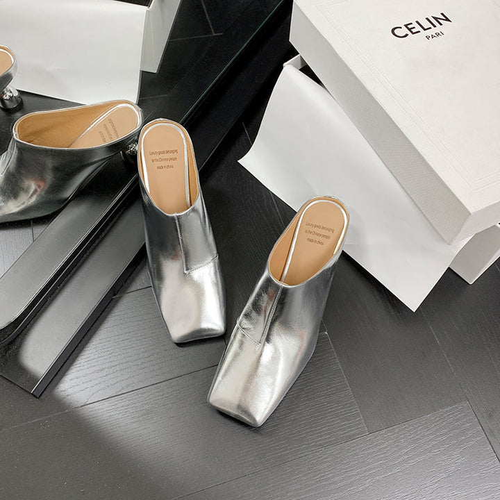 Women's Leather Sculptural Heel Mules Modern Square Toe Luxury Lambskin Heels
