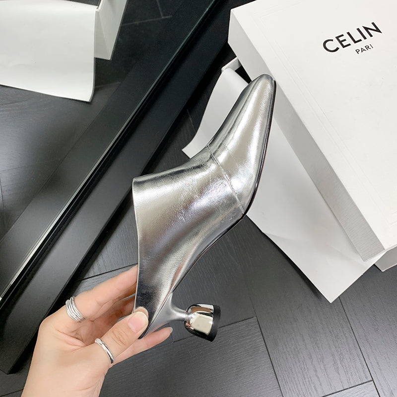 Women's Leather Sculptural Heel Mules Modern Square Toe Luxury Lambskin Heels