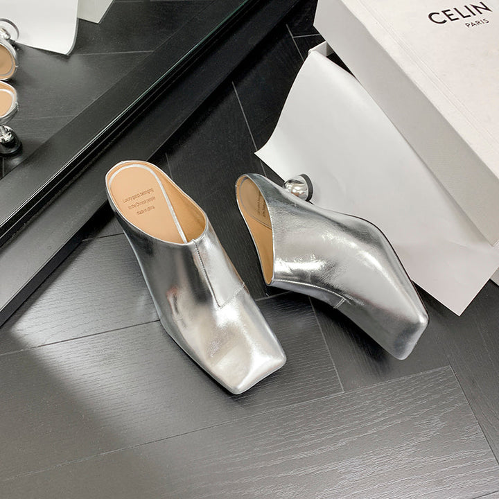 Women's Leather Sculptural Heel Mules Modern Square Toe Luxury Lambskin Heels