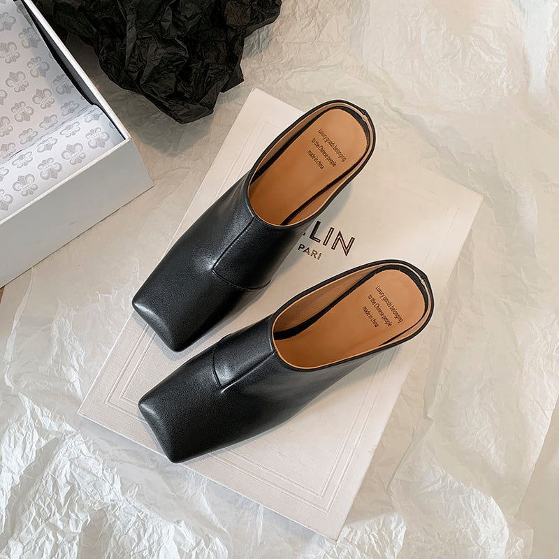 Women's Leather Sculptural Heel Mules Modern Square Toe Luxury Lambskin Heels