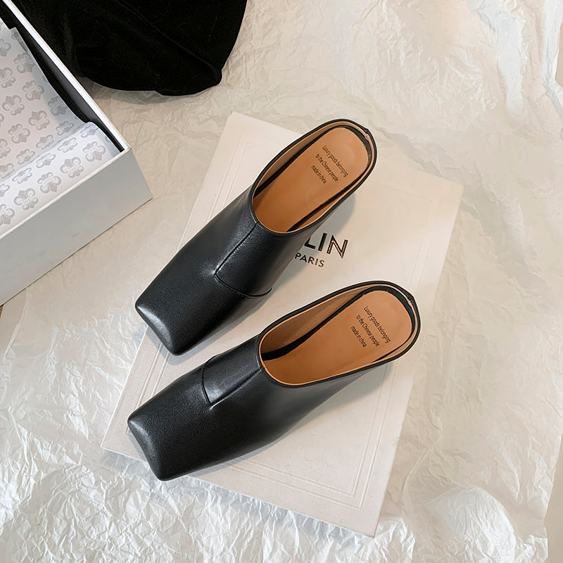 Women's Leather Sculptural Heel Mules Modern Square Toe Luxury Lambskin Heels