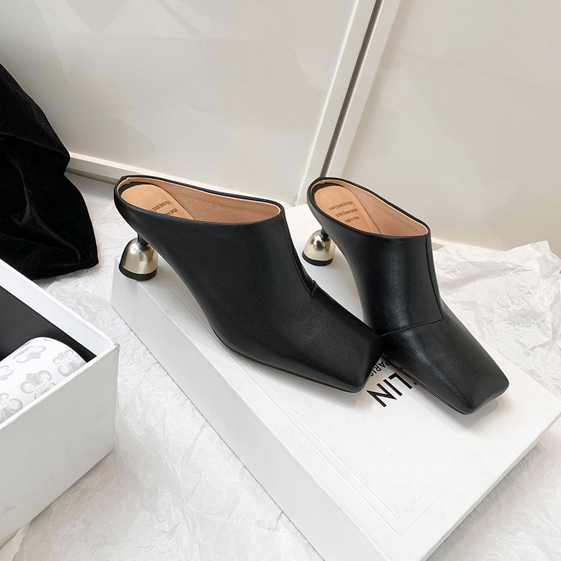 Women's Leather Sculptural Heel Mules Modern Square Toe Luxury Lambskin Heels