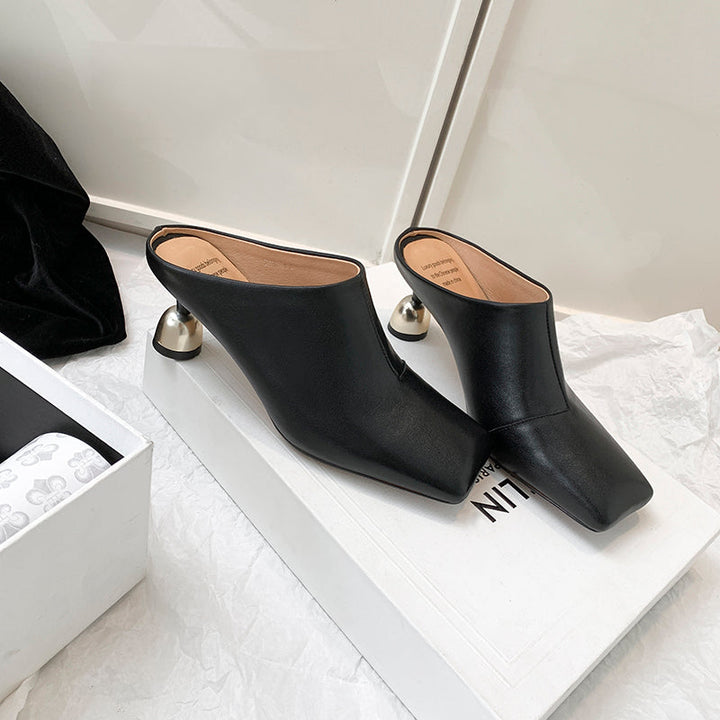 Women's Leather Sculptural Heel Mules Modern Square Toe Luxury Lambskin Heels
