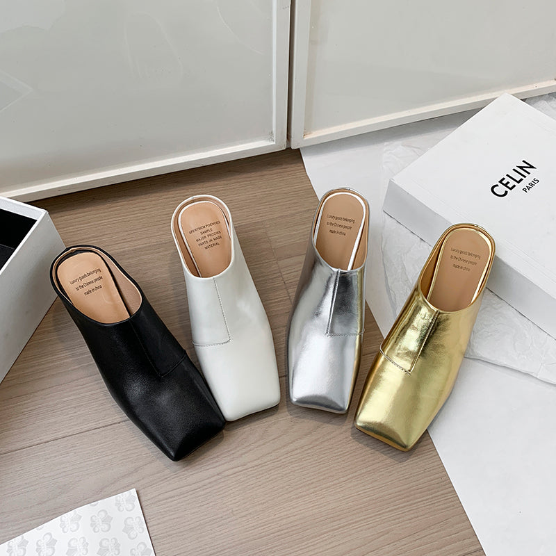 Women's Leather Sculptural Heel Mules Modern Square Toe Luxury Lambskin Heels