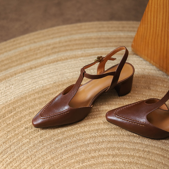 Womens Designer T Strap Leather Pumps Heels