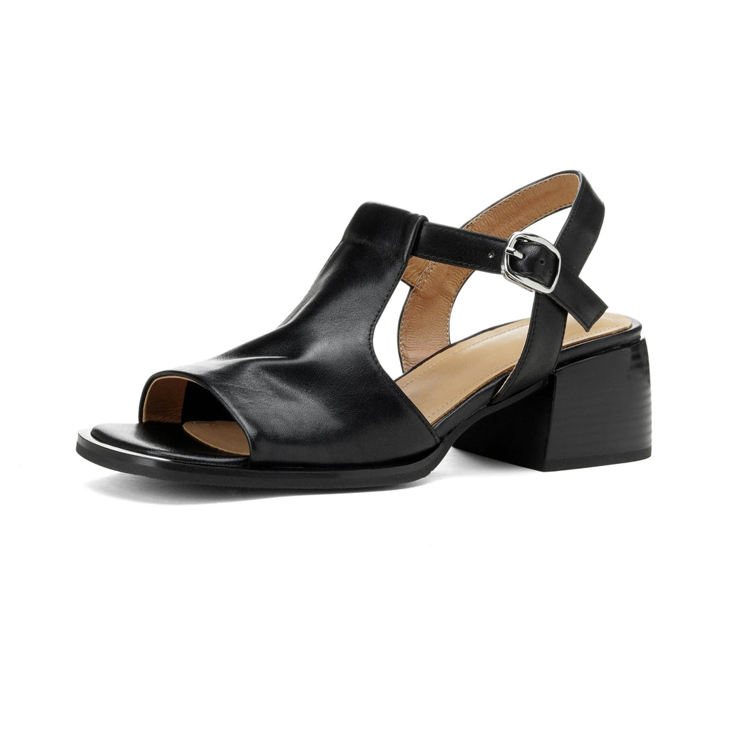 Women's Handmade Leather Black Heel Sandals Mid Heel Open Toe