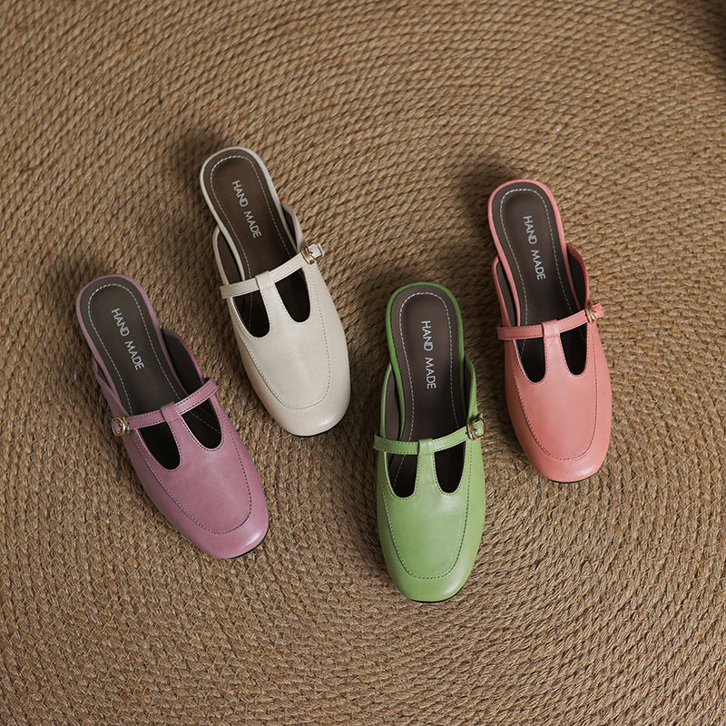 Women's Ultra-Soft Sheepskin-Lined Leather Mules - Breathable T-Strap Backless Flats - Handcrafted Summer Slip-Ons