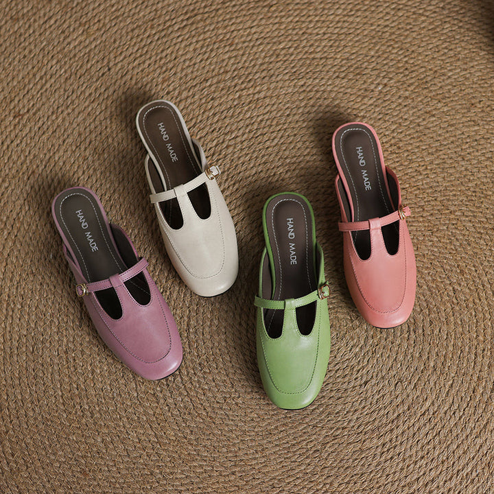 Women's Ultra-Soft Sheepskin-Lined Leather Mules - Breathable T-Strap Backless Flats - Handcrafted Summer Slip-Ons