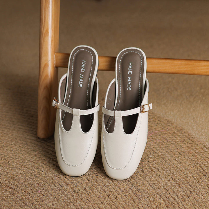 Women's Ultra-Soft Sheepskin-Lined Leather Mules - Breathable T-Strap Backless Flats - Handcrafted Summer Slip-Ons