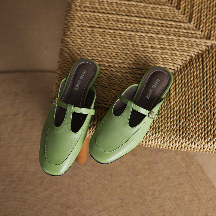 Women's Ultra-Soft Sheepskin-Lined Leather Mules - Breathable T-Strap Backless Flats - Handcrafted Summer Slip-Ons