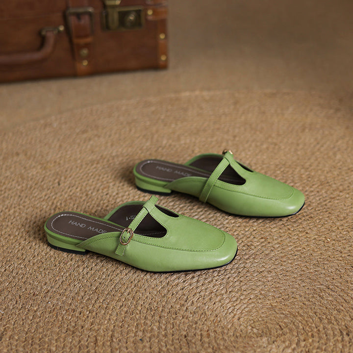 Women's Ultra-Soft Sheepskin-Lined Leather Mules - Breathable T-Strap Backless Flats - Handcrafted Summer Slip-Ons