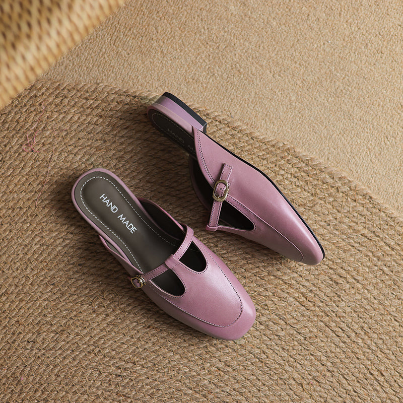 Women's Ultra-Soft Sheepskin-Lined Leather Mules - Breathable T-Strap Backless Flats - Handcrafted Summer Slip-Ons
