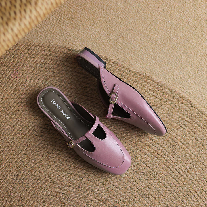 Women's Ultra-Soft Sheepskin-Lined Leather Mules - Breathable T-Strap Backless Flats - Handcrafted Summer Slip-Ons