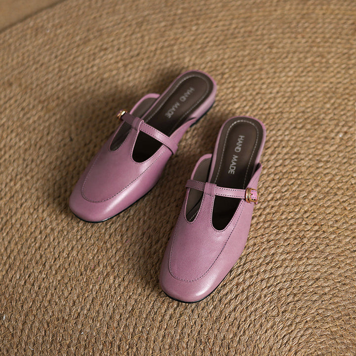 Women's Ultra-Soft Sheepskin-Lined Leather Mules - Breathable T-Strap Backless Flats - Handcrafted Summer Slip-Ons