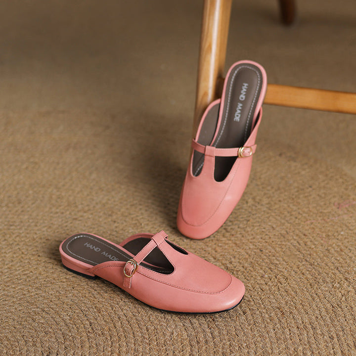 Women's Ultra-Soft Sheepskin-Lined Leather Mules - Breathable T-Strap Backless Flats - Handcrafted Summer Slip-Ons
