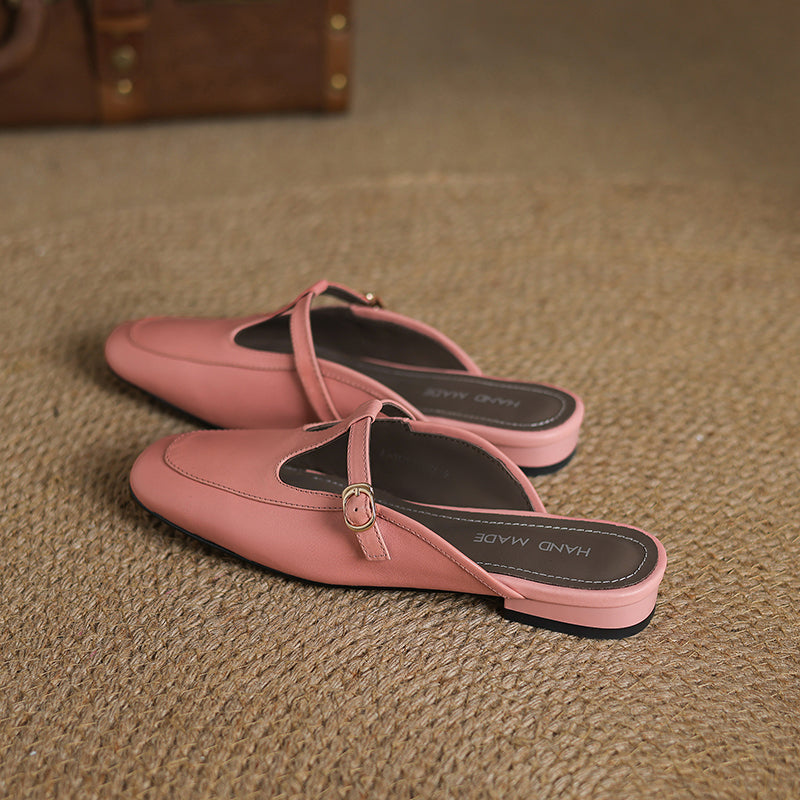 Women's Ultra-Soft Sheepskin-Lined Leather Mules - Breathable T-Strap Backless Flats - Handcrafted Summer Slip-Ons