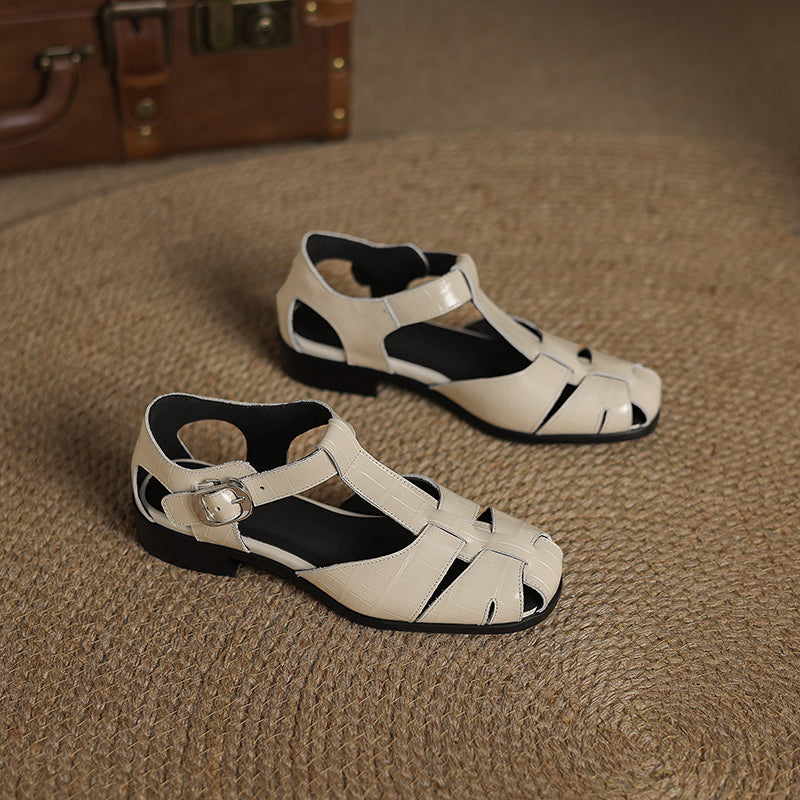 Vintage French-Style Leather Fisherman Sandals - Artisanal Round Toe Buckle Shoes