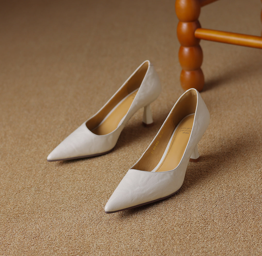 Womens Handmade Sheepskin Pointed Toe Kitten Heel Pumps