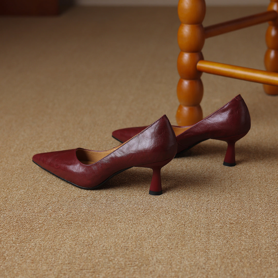 Womens Handmade Sheepskin Pointed Toe Kitten Heel Pumps