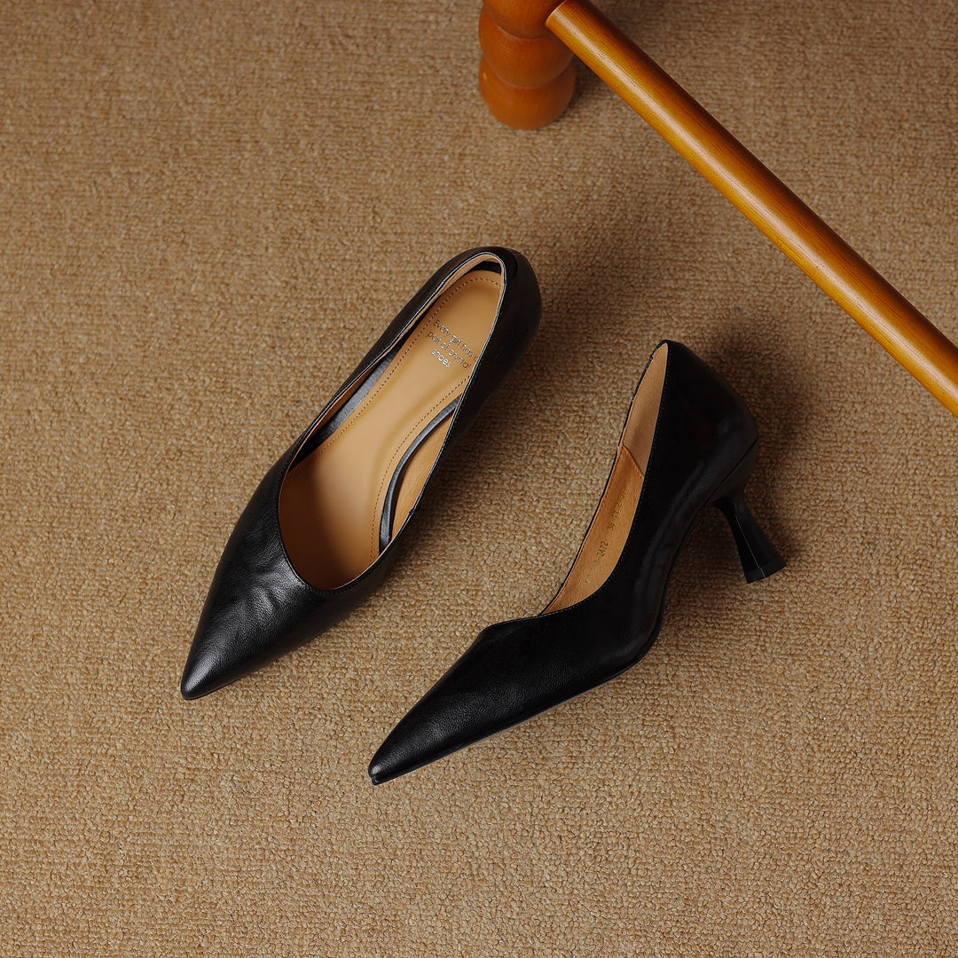 Womens Handmade Sheepskin Pointed Toe Kitten Heel Pumps