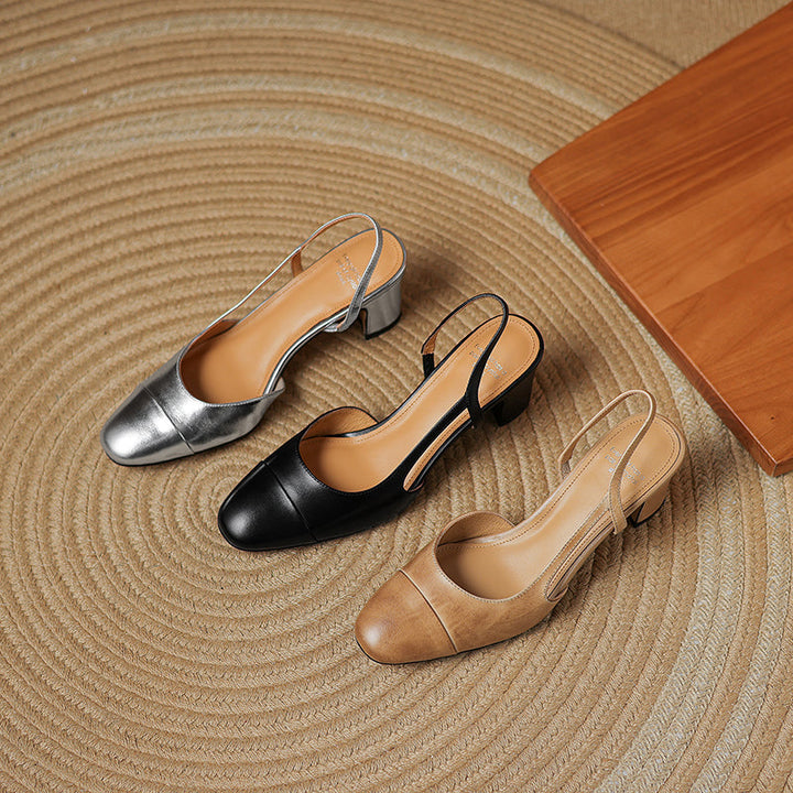 Women's Minimalist Genuine Leather Block Heels - Sophisticated Side-Cutout Slingbacks