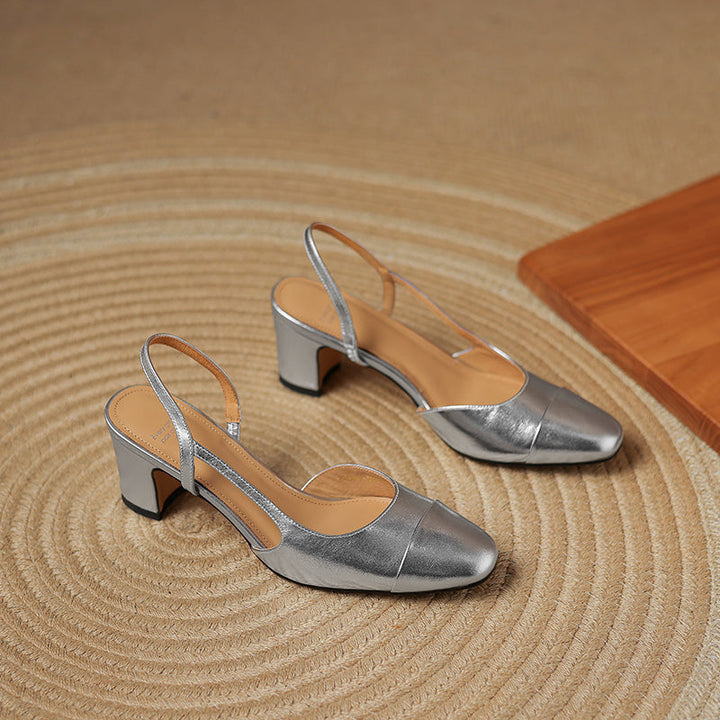 Women's Minimalist Genuine Leather Block Heels - Sophisticated Side-Cutout Slingbacks
